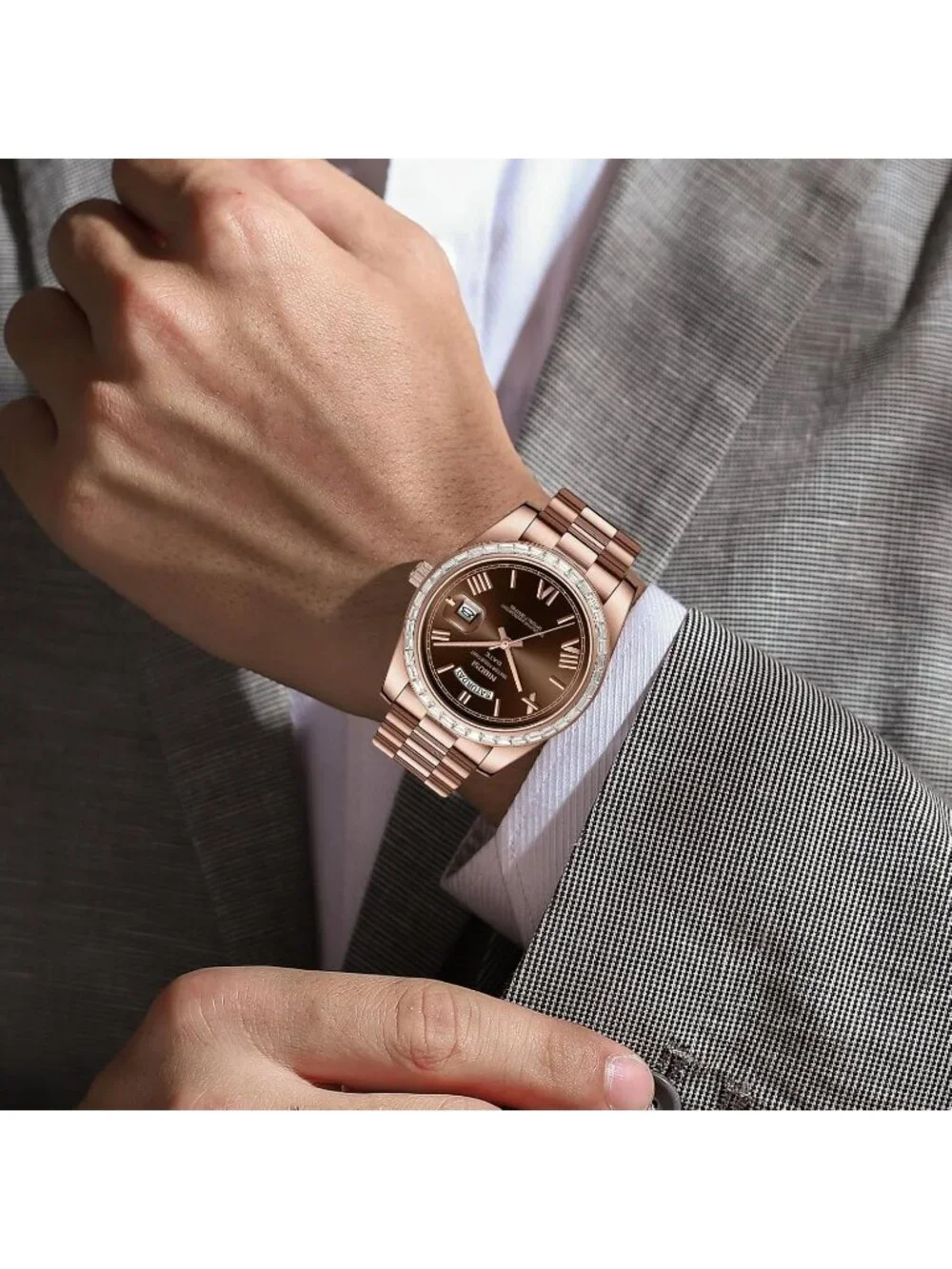 Nibosi Men's Rose Brown Analog Quartz Diamond Bezel Stainless Waterproof Watch